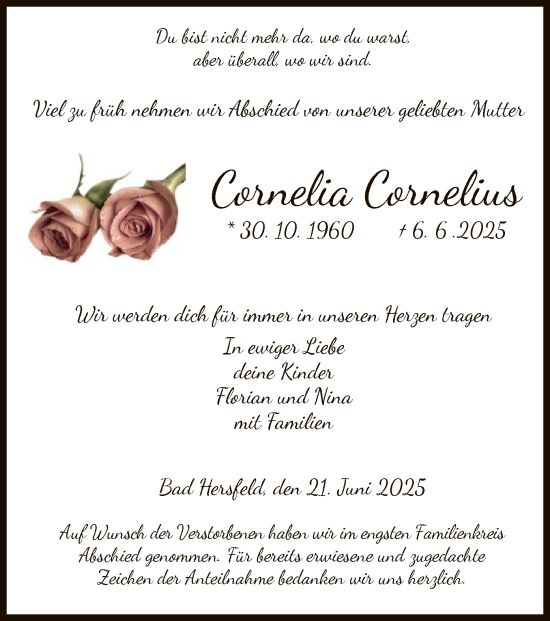 Todesanzeige von Cornelia Cornelius von HZ