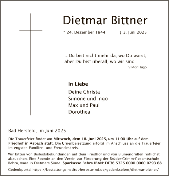 Todesanzeige von Dietmar Bittner von HZHNA
