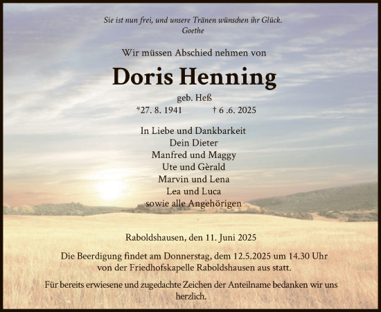 Todesanzeige von Doris Henning von HZ