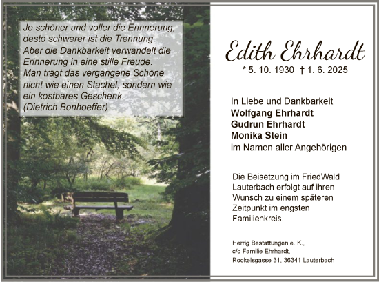 Todesanzeige von Edith Ehrhardt von HZ