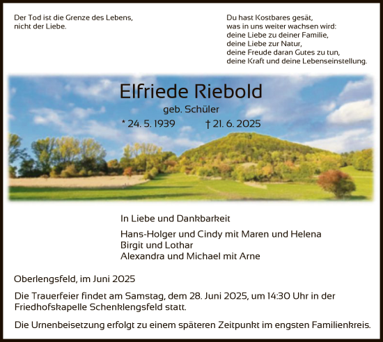 Todesanzeige von Elfriede Riebold von HZ