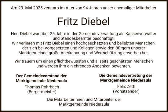 Todesanzeige von Fritz Diebel von HZ