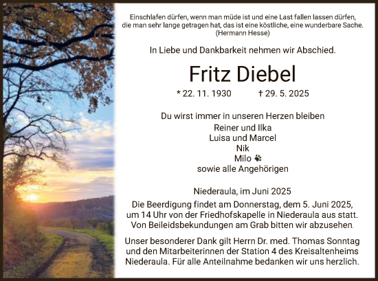 Todesanzeige von Fritz Diebel von HZ