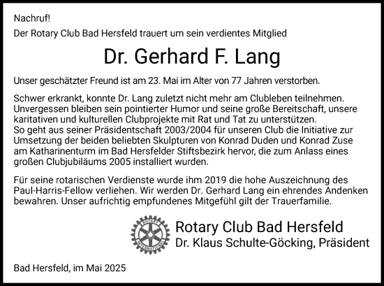 Todesanzeige von Gerhard Lang von HZ