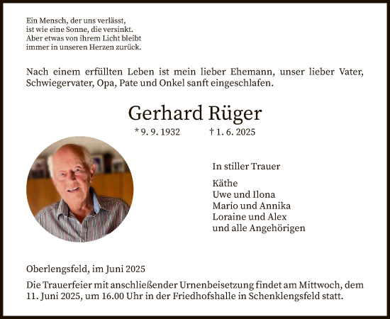 Todesanzeige von Gerhard Rüger von HZ