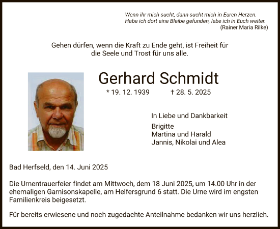 Todesanzeige von Gerhard Schmidt von HZ