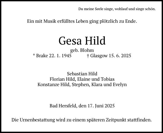 Todesanzeige von Gesa Hild von HZ