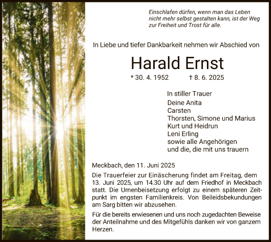 Todesanzeige von Harald Ernst von HZHNA