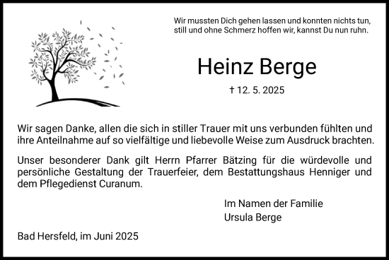Todesanzeige von Heinz Berge von HZ