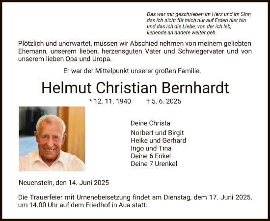 Todesanzeige von Helmut Christian Bernhardt von HZ