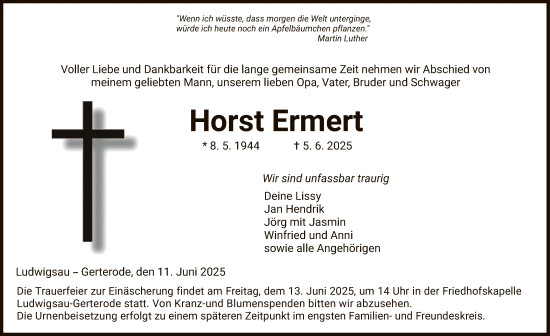 Todesanzeige von Horst Ermert von HZHNA