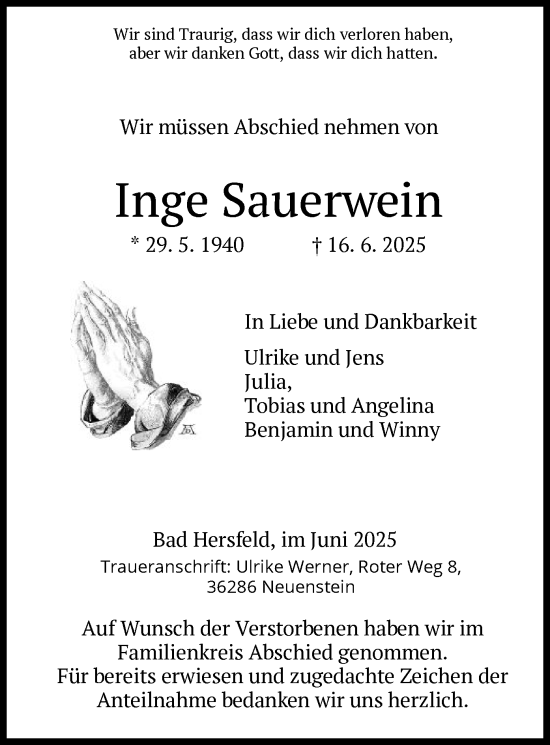 Todesanzeige von Inge Sauerwein von HZ