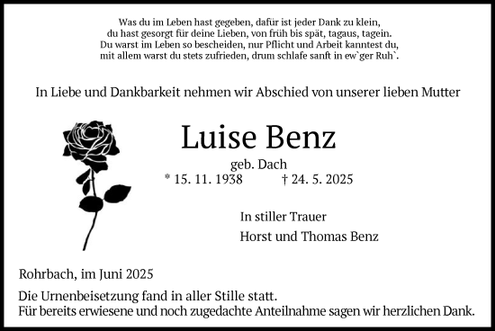 Todesanzeige von Luise Benz von HZ