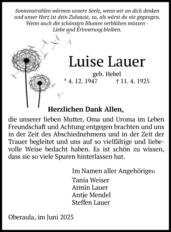 Todesanzeige von Luise Lauer von HZ