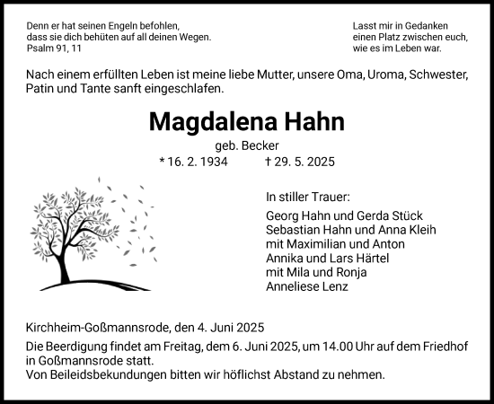 Todesanzeige von Magdalena Hahn von HZ