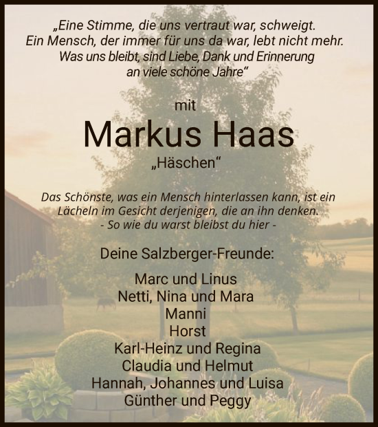Todesanzeige von Markus Haas von HZ