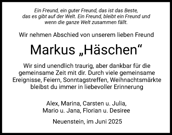 Todesanzeige von Markus Haas von HZ