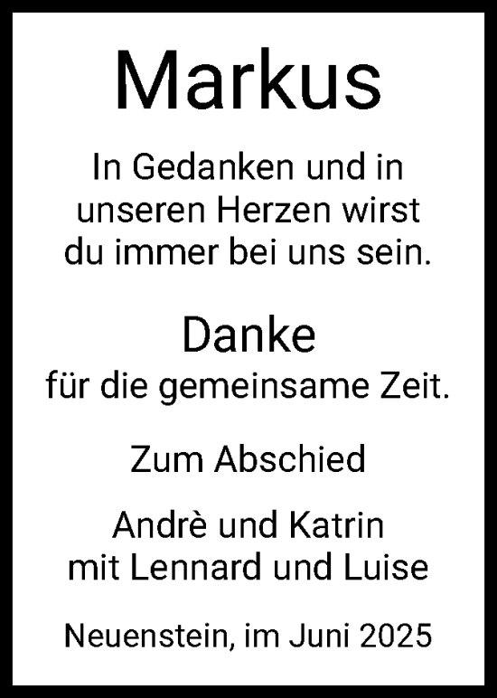 Todesanzeige von Markus Haas von HZ