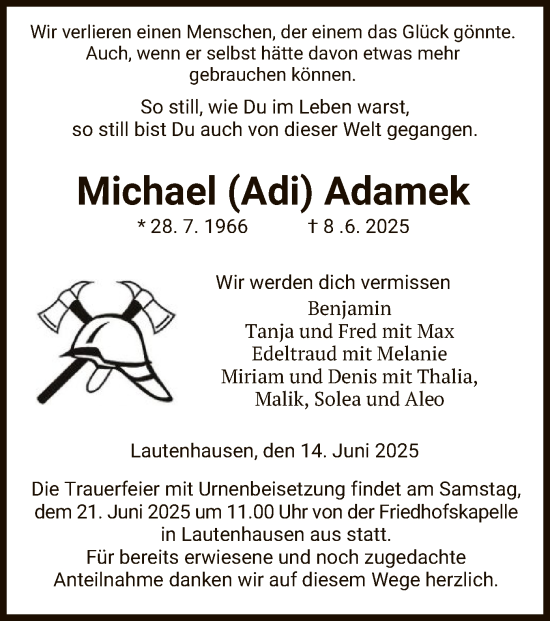 Todesanzeige von Michael Adamek von HZ
