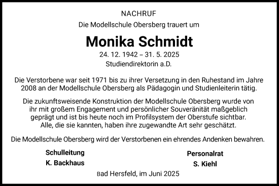 Todesanzeige von Monika Schmidt von HZ