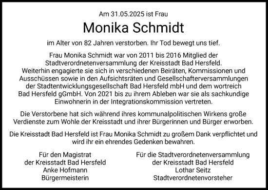 Todesanzeige von Monika Schmidt von HZ