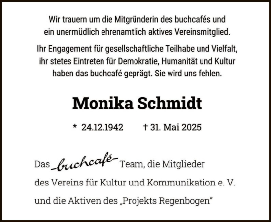 Todesanzeige von Monika Schmidt von HZ