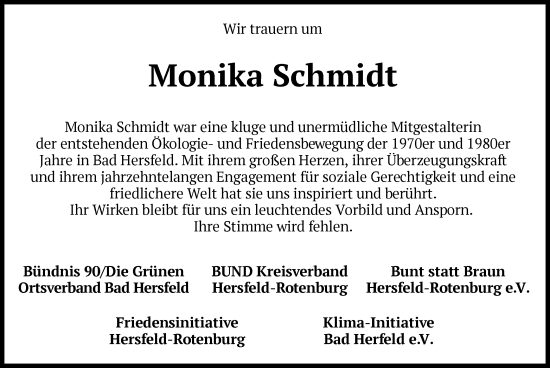 Todesanzeige von Monika Schmidt von HZ