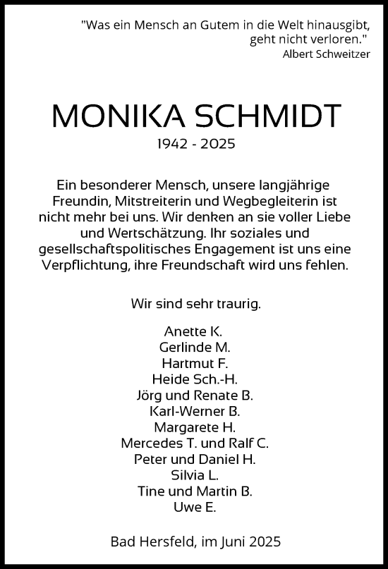 Todesanzeige von Monika Schmidt von HZ