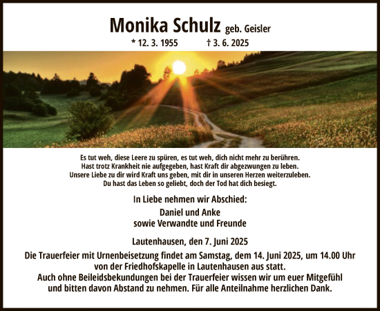 Todesanzeige von Monika Schulz von HZ