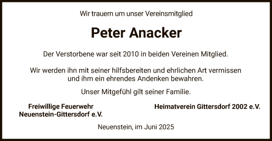 Todesanzeige von Peter Anacker von HZ