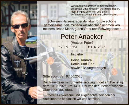 Todesanzeige von Peter Anacker von HZ