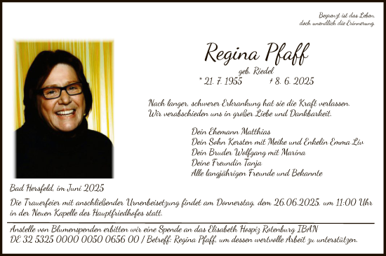 Todesanzeige von Regina Pfaff von HZ