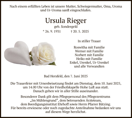 Todesanzeige von Ursula Rieger von HZ