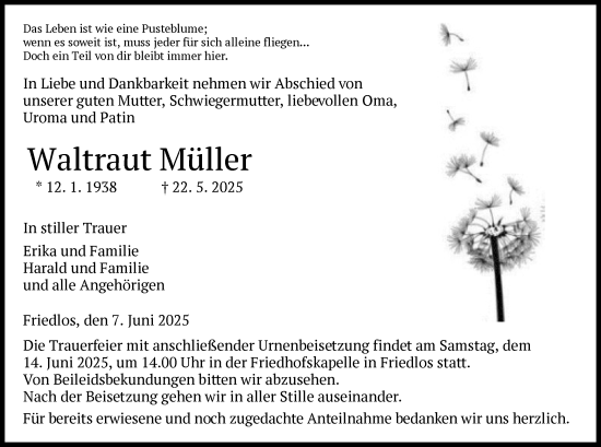 Todesanzeige von Waltraut Müller von HZ