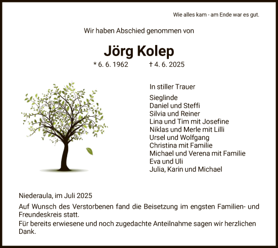 Todesanzeige von Jörg Kolep von HZHNA