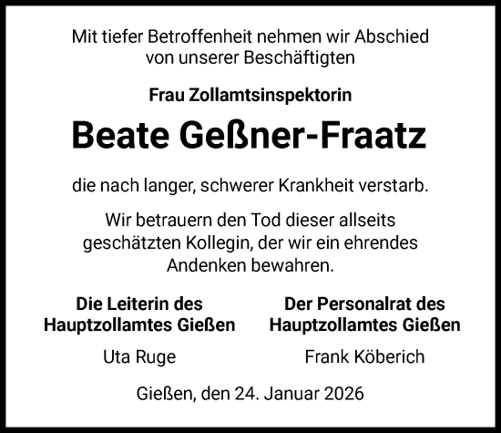 Todesanzeige von Beate Geßner-Fraatz von HZ