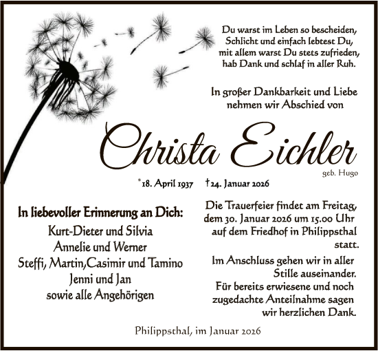 Todesanzeige von Christa Eichler von HZ