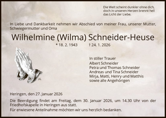 Todesanzeige von Wilhelmine Schneider-Heuse von HZ