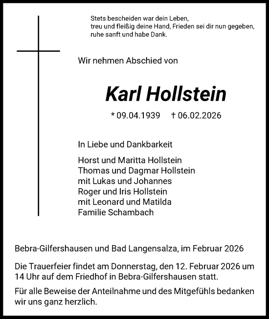 Todesanzeige von Karl Hollstein von HNAHZ