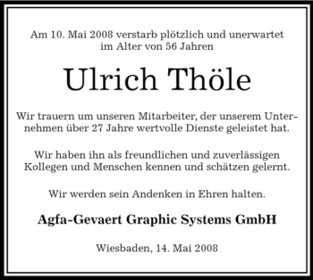 Todesanzeige von Ulrich Thöle von OFFENBACH-POST/HANAU-POST