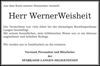 Todesanzeige von Werner Weisheit von OFFENBACH-POST/HANAU-POST