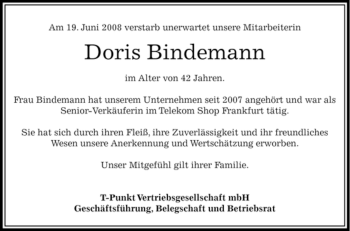 Todesanzeige von Doris Bindemann von OFFENBACH-POST/HANAU-POST
