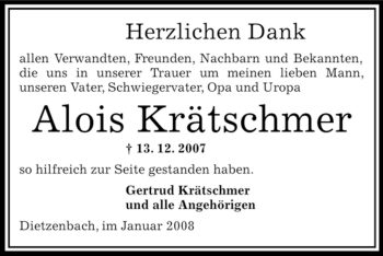 Todesanzeige von Alois Krätschmer von OFFENBACH-POST/HANAU-POST
