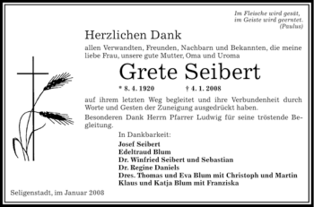 Todesanzeige von Grete Seibert von OFFENBACH-POST/HANAU-POST