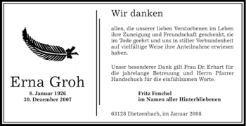 Todesanzeige von Erna Groh von OFFENBACH-POST/HANAU-POST