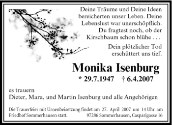 Todesanzeige von Monika Isenburg von OFFENBACH-POST/HANAU-POST