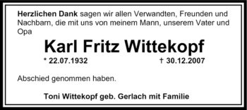 Todesanzeige von Karl Fritz Wittekopf von OFFENBACH-POST/HANAU-POST