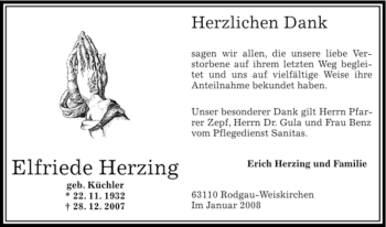 Todesanzeige von Elfriede Herzing von OFFENBACH-POST/HANAU-POST