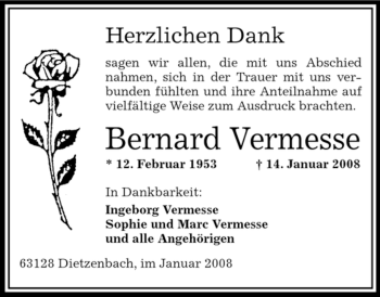 Todesanzeige von Bernard Vermesse von OFFENBACH-POST/HANAU-POST
