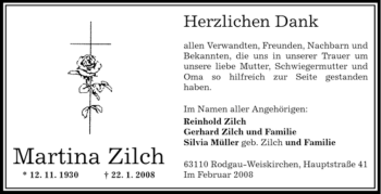 Todesanzeige von Martina Zilch von OFFENBACH-POST/HANAU-POST